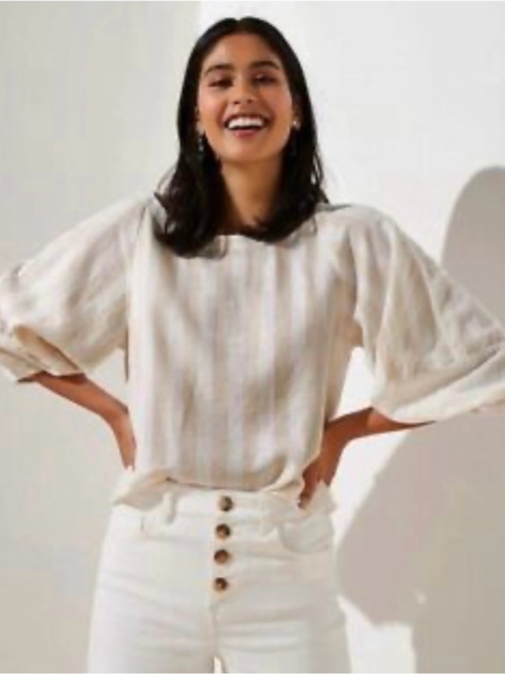 Loft Puff Sleeve Striped Top // Beige // Small